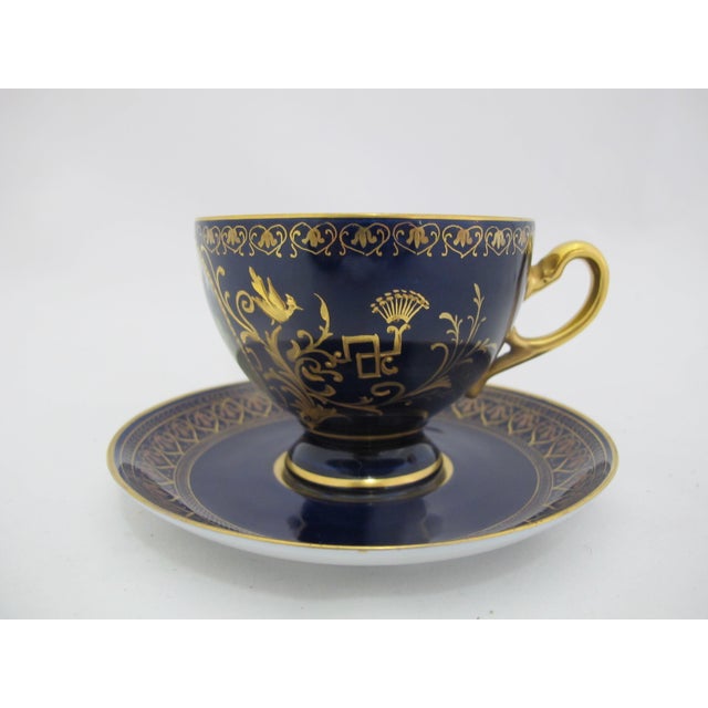 Carlsbad Porcelain Late 19th Century Victorian Carl Knoll Carlsbad Gilt Hand Painted Landscape Porcelain Coffee Cup & Saucer For Sale - Image 4 of 9