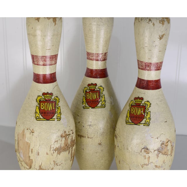Mid 20th Century Vintage Red Crown Brunswick Bowling Pins - 3 Pieces For Sale - Image 5 of 11