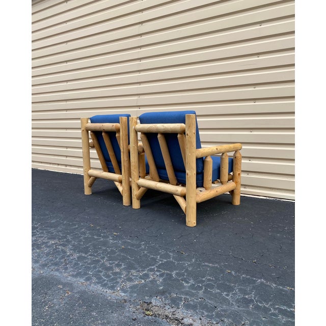 Organic Modern Cedar Log Lounge Chairs in Cerulean Blue + Ottoman, Set