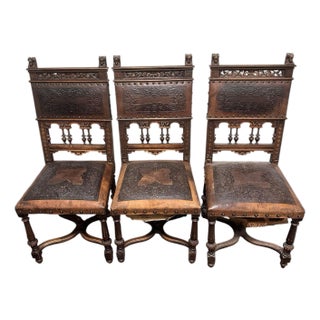 Set of 3 Antique French Henri I| Walnut Wood & Leather Dining Chairs, Ornate Lion Carvings, Loire Valley, 1880 For Sale