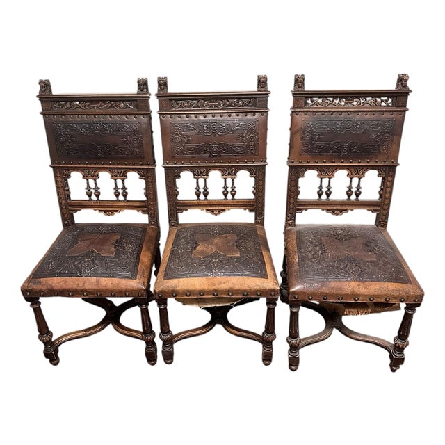 Set of 3 Antique French Henri I| Walnut Wood & Leather Dining Chairs, Ornate Lion Carvings, Loire Valley, 1880 For Sale