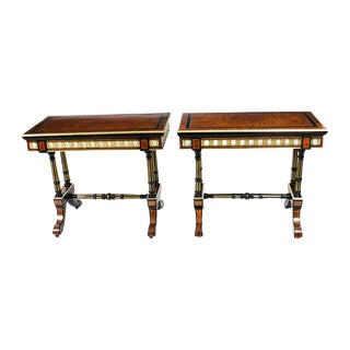 Antique 19th Century Amboyna Card Console Tables with Porcelain Plaques, Set of 2 For Sale