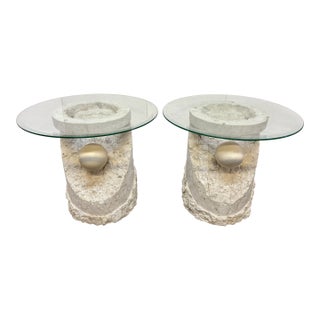 Sculptural Pair of Postmodern Mactan Stone & Glass Top Side Tables For Sale