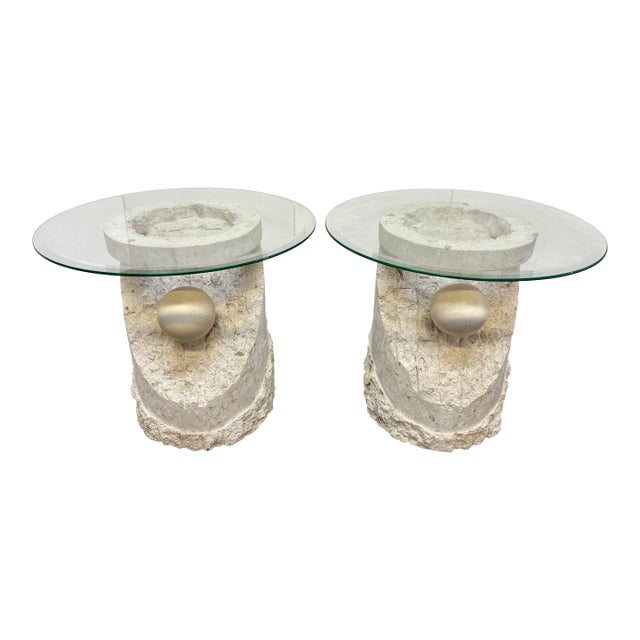 Sculptural Pair of Postmodern Mactan Stone & Glass Top Side Tables For Sale
