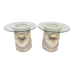 Sculptural Pair of Postmodern Mactan Stone & Glass Top Side Tables