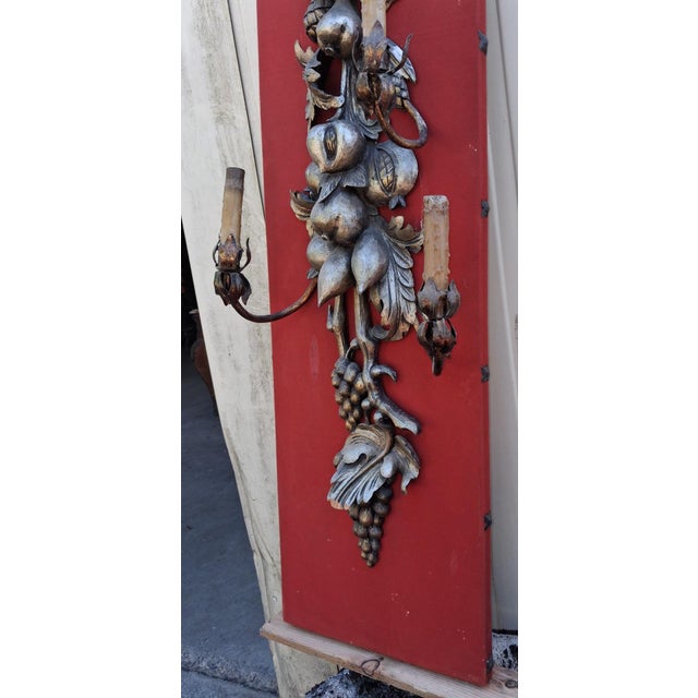 Large Three-Light Wall Sconce in Silvered Wood with Fruit and Vine Leaves, 1920s, in Good conditions. Designed 1920 to...
