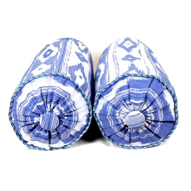 Textile Blue Ikat Buttoned Schumacher Style Bolster Pillows With Piping - a Pair For Sale - Image 7 of 13