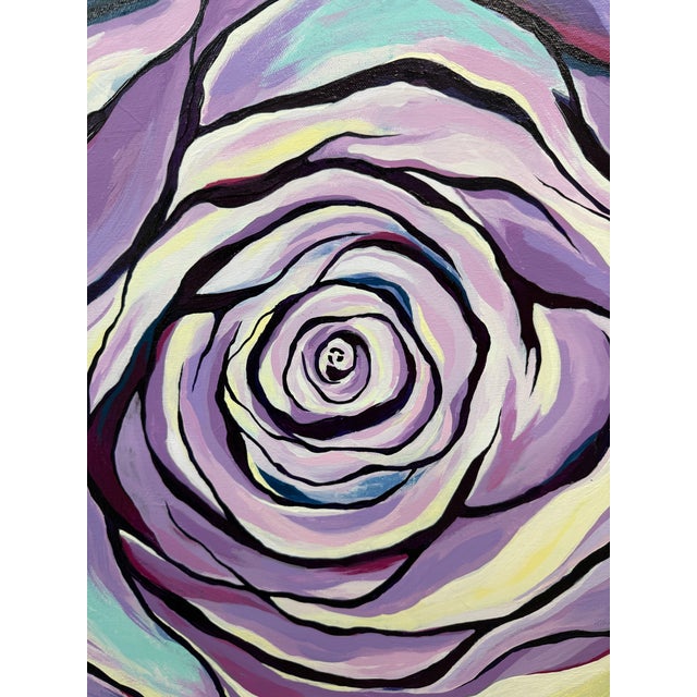 P. Black Signed Pop Art Stylized Teal + Lavender Rose Acrylic Painting For Sale - Image 4 of 12