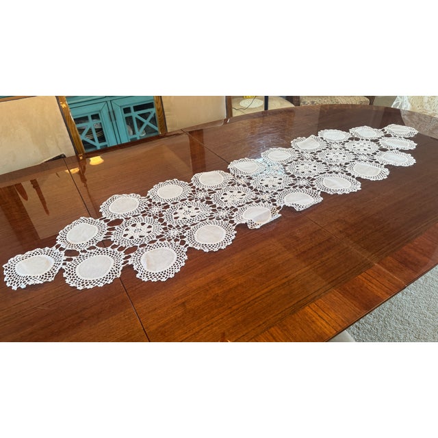 Mid-Century Modern Vintage Handmade Linen and Lace Table Runner For Sale - Image 3 of 11