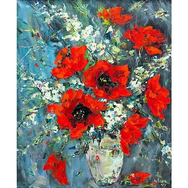 Mid-Century Modern Original Still Life Acrylic Painting of Bouquet of Red Poppies Flowers Floral Signed Erna Freisinger Mid Century Modern For Sale - Image 3 of 6