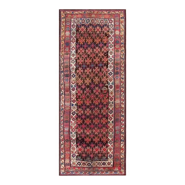 1890s Brown Geometric Tribal Antique W. Persian Kurdish Rug 3'8" X 8'8" Handknotted Woo Carpet For Sale