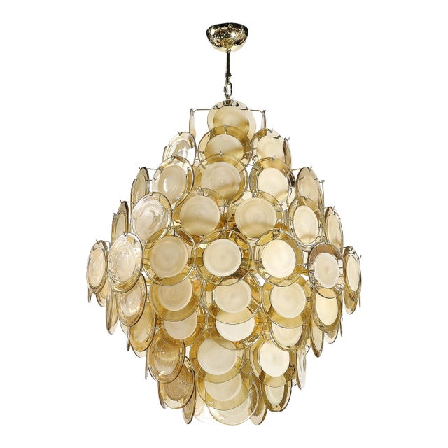 Modernist 10-Tier Handblown Topaz Murano Glass Disc Chandelier W/ Brass Fittings For Sale
