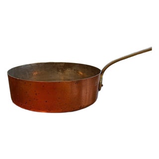 Vintage Havard Made in France Hammered Copper 10" Saute Pan with Brass Handle For Sale