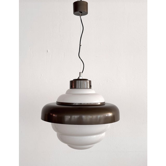 Vintage Italian White Glass Pendant Light with Aluminum Ring, 1980s For Sale - Image 9 of 15
