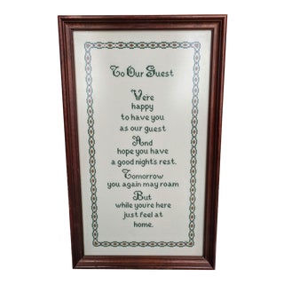 1960s Cross Stitch "Be Our Guest" Framed Textile Wall Art For Sale