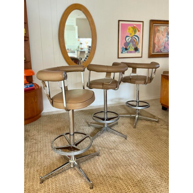 A Set of 3 Swivel Bar Stools Attributed to Daystrom Furniture of Boston, Featuring a Taupe Faux Leather Upholstery With Chrome Frames, Circa 1970s. For Sale - Image 10 of 12