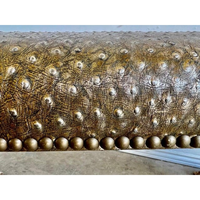 Brass Italian Carved Giltwood Bench W/ Embossed Leather For Sale - Image 8 of 17