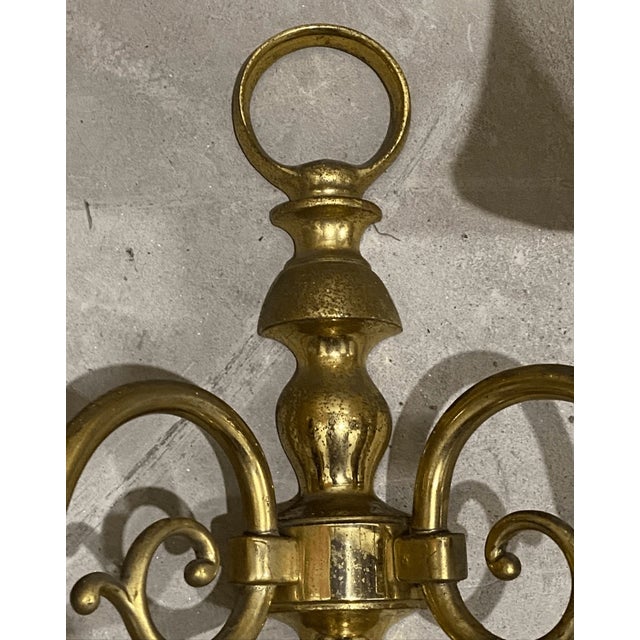 Vintage Dutch Colonial Style Brass Two Light Wall Sconce With Shad For Sale - Image 4 of 5