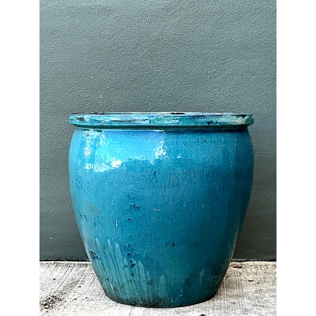 Rustic Vintage Blue Glazed Ceramic Planter For Sale - Image 3 of 12