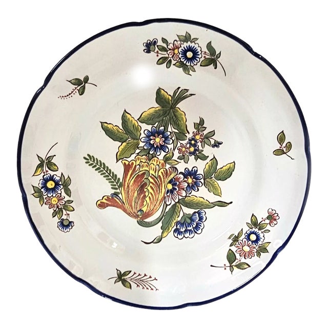 1920s Pierre Dubois French Faience Ceramic Floral Plate, Provincial Hand-Painted Art 9.5" For Sale