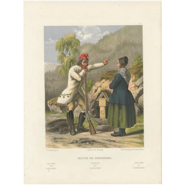 Norwegian Hunter and Woman in Gudbrandsdal Dress, 1860, Paper For Sale