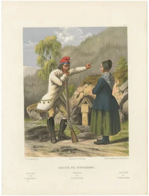 Norwegian Hunter and Woman in Gudbrandsdal Dress, 1860, Paper