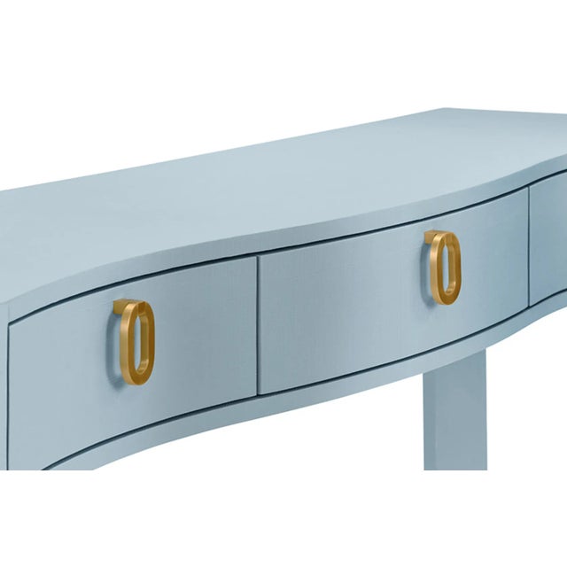 Not Yet Made - Made To Order Matthew Izzo Home Sabrina Textured Light Blue Linen Three Drawer Curved Front Console With Satin Brass Hardware For Sale - Image 5 of 7