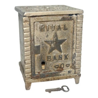 Antique Early 1900's Cast Iron Rival Star Safe Lock Deposit Coin Still Bank For Sale