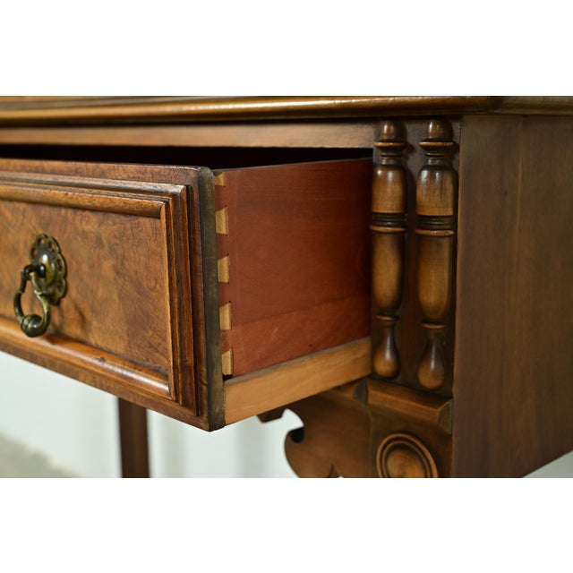 Wood Berkey & Gay Antique English Jacobean Carved Walnut and Burl Wood Bookcase or Bar Cabinet, Circa 1920s For Sale - Image 7 of 16