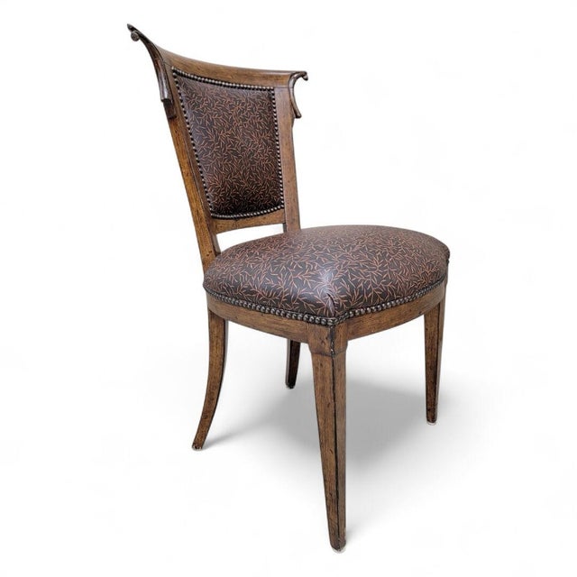 Mid 20th Century Vintage English Regency Style Ash Wood Dining Chairs Upholstered in a Patterned Brown Leather With Nail Head Trim - Set of 8 For Sale - Image 5 of 11