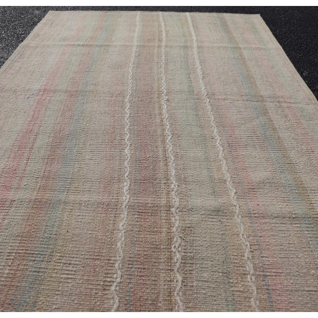 Vintage Turkish Kilim Rug With Soft Pastel Stripes in Sand, Sage, and Blue For Sale - Image 4 of 10