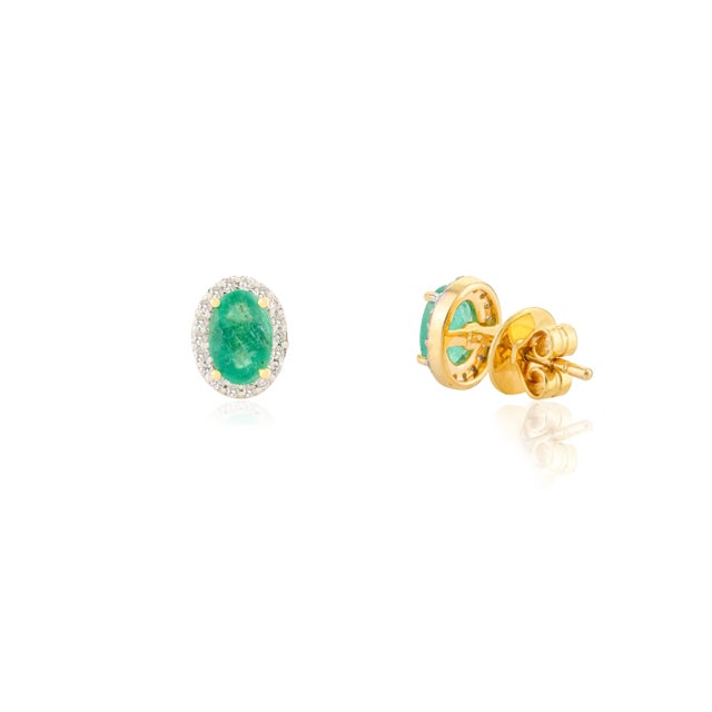 Art Deco Statement Oval Emerald Diamond Everyday Studs Earring in 14k Yellow Gold- A Pair For Sale - Image 3 of 9