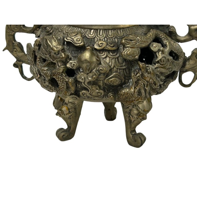 Metal Vintage Bronze Color Metal Dragons Tri Legs Ding Incense Burner Art For Sale - Image 7 of 14
