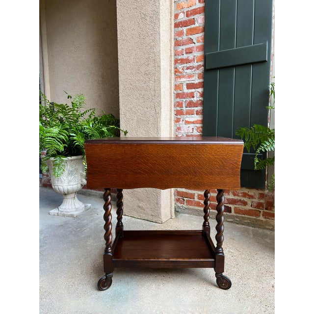 Early 20th Century Antique English Tea Trolley Drinks Cart Barley Twist Dumbwaiter Drop Leaf Table For Sale - Image 5 of 12
