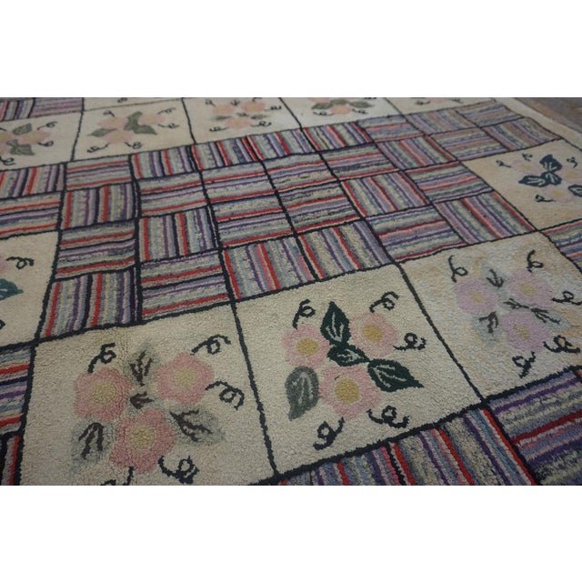 Remarkable Beige Color With Geometric and Floral Design Vintage American Hooked Rug For Sale - Image 10 of 15