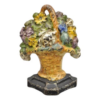 Antique Victorian Cast Iron Figural Floral Bouquet Basket Painted Door Stop For Sale