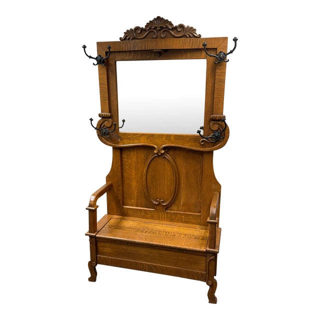 Antique Oak Hall Tree/Entry Bench For Sale