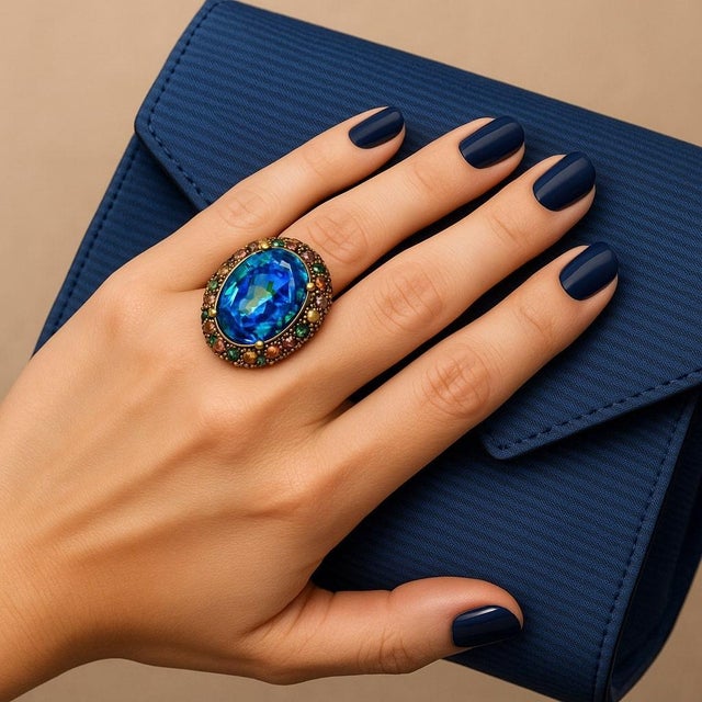 Bochic “Orient” Vintage Tourmaline & Blue Topaz Ring Set 18 K Gold & Silver For Sale - Image 4 of 8