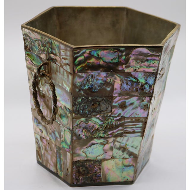 1960s Mid-Century Modern Mexican Brass & Mosaic Abalone Shell Hexagonal Ice Bucket For Sale - Image 4 of 10