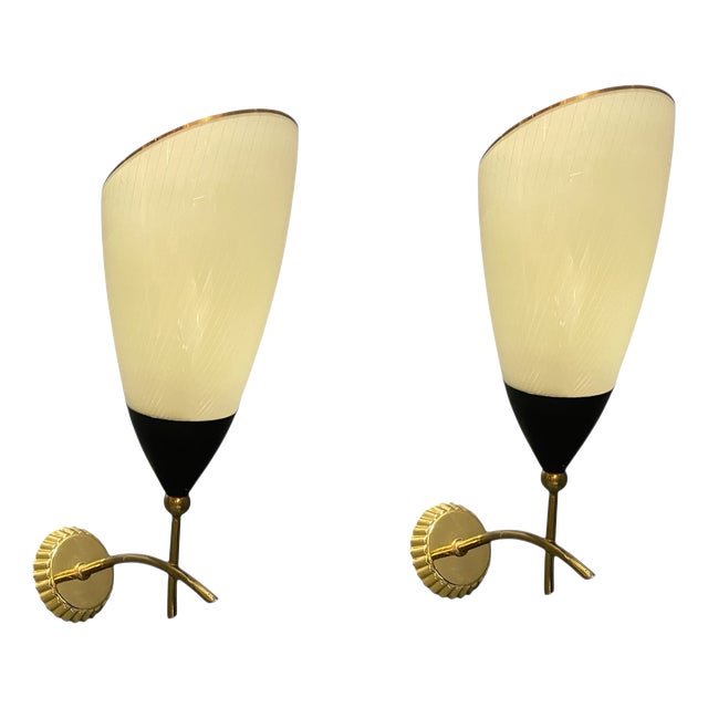 Italian Glass & Brass Wall Sconces in the style of Stilnovo, 1960s, Set of 2 For Sale