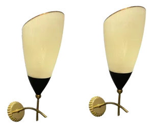 Italian Glass & Brass Wall Sconces in the style of Stilnovo, 1960s, Set of 2
