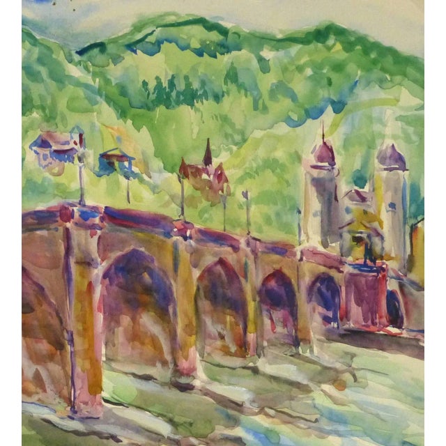 Traditional Vintage Watercolor Landscape - Heidelberg Bridge For Sale - Image 3 of 5