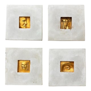 Set of 4 MarCo Signed Studio Made Cast Concrete Gold Gilded Reliefs Wall Art For Sale