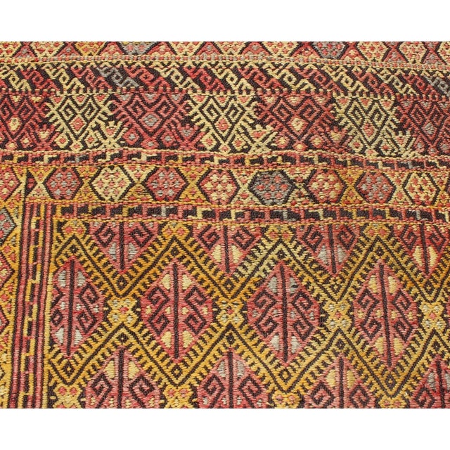 Mid 20th Century Mid 20th Century Vintage Turkish Embroidered Kilim Rug With Diamond Design in Yellow and Red For Sale - Image 9 of 13