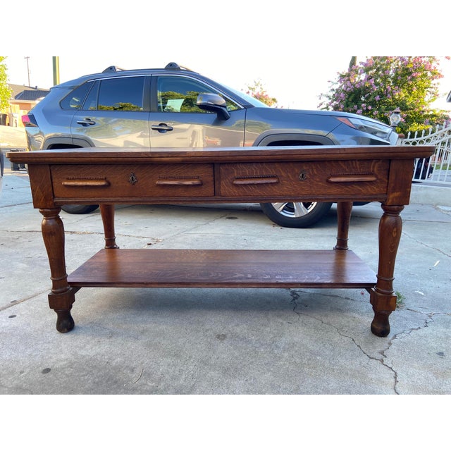 Antique Arts and Crafts Oak Library Desk Writing Table Wirh Shelf Mission Style For Sale - Image 12 of 18