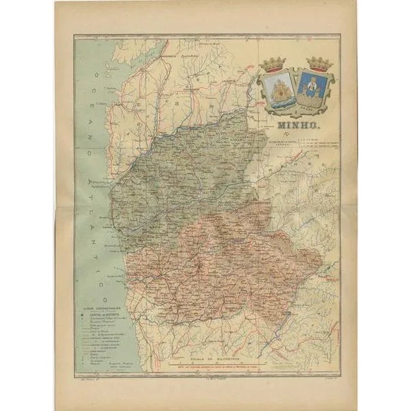 Ths authentic print is a historical map of the Minho region in the northwestern part of Portugal. The map includes...