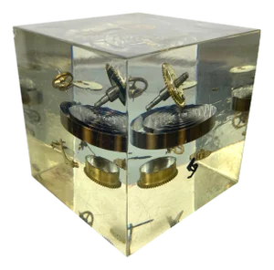 Acrylic Paperweight Cube Sculpture With Clock Parts by Pierre Giraudon, 1970s