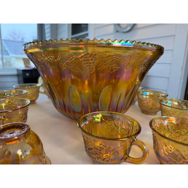 Gold 1970s Indiana Glass Iridescent Gold Carnival Glass Punch Bowl Set - 14 Pieces For Sale - Image 8 of 12
