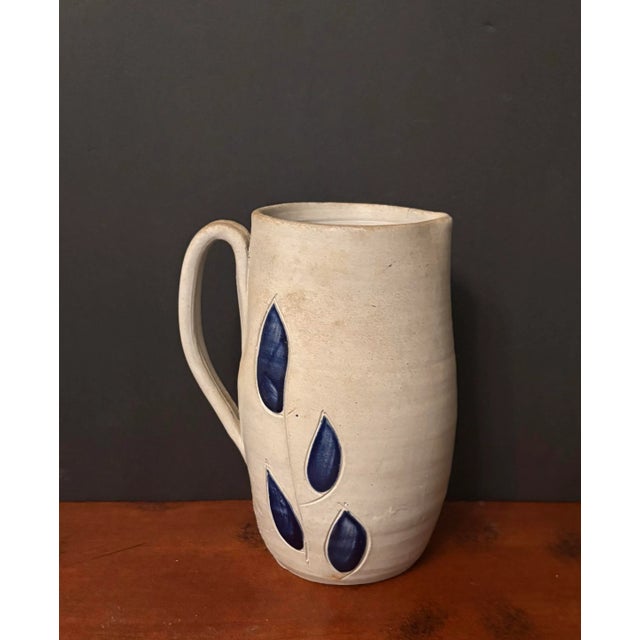Mid-Century Modern Mid-Century Williamsburg Pottery Handmade Stoneware 7” Mug With Blue Leaf Motif For Sale - Image 3 of 7