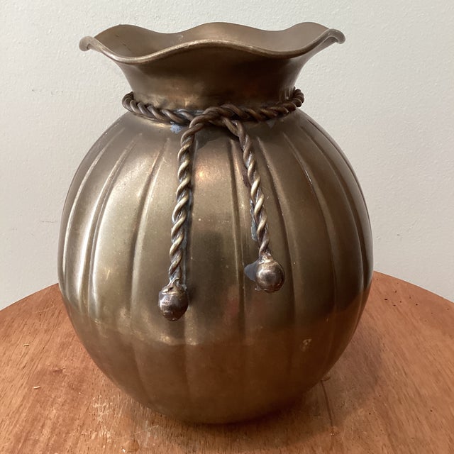 Mid 20th Century Penco Brass Vase W/Fluted Sides, Scalloped Top and Decorative Rope Tie For Sale - Image 12 of 12